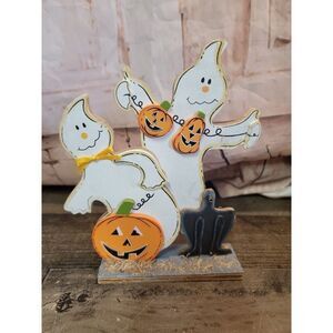 Vintage wooden Halloween ghost AS IS pumpkin cat Decor figure